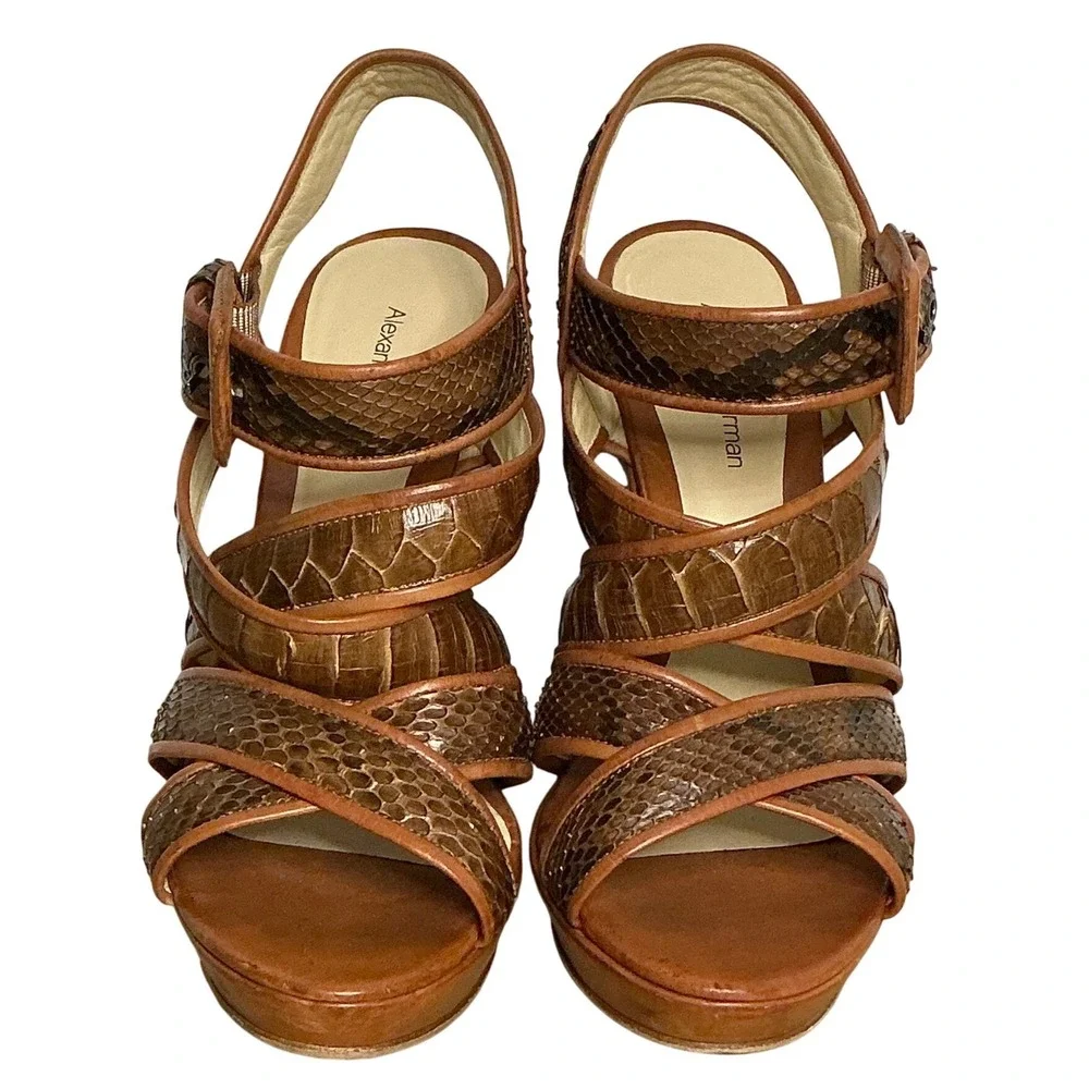 Alexandre Birman Snakeskin Strappy Wedge Sandals Brown Leather Heels